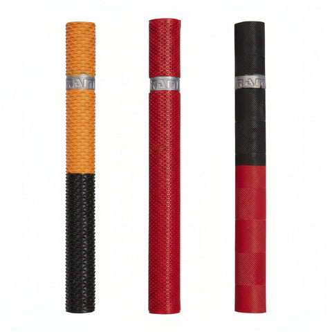 A set of five cricket bat grips in various colors including orange, blue, red, and black, each featuring a textured surface.